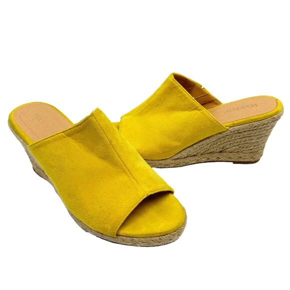 Wanted | Bright Yellow Faux Suede Slip On Open Toe Espadrille Wedge Sandals - Picture 1 of 11